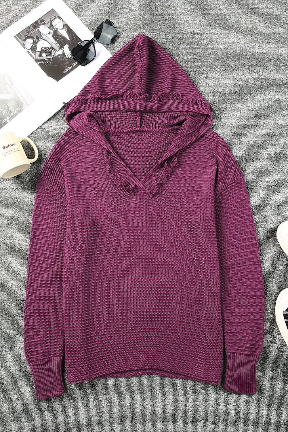Purple Split V Neck Pullover Hooded Sweater