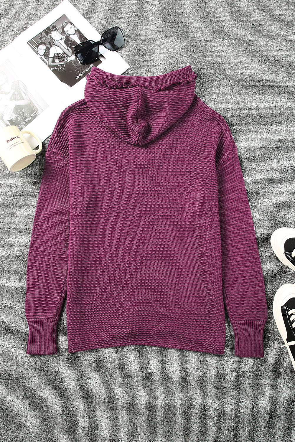 Purple Split V Neck Pullover Hooded Sweater