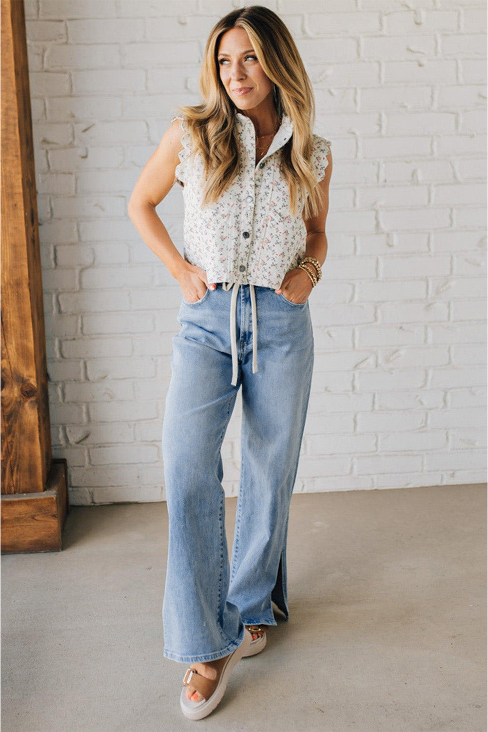 Myosotis Side Slit High Rise Drawstring Casual Jeans