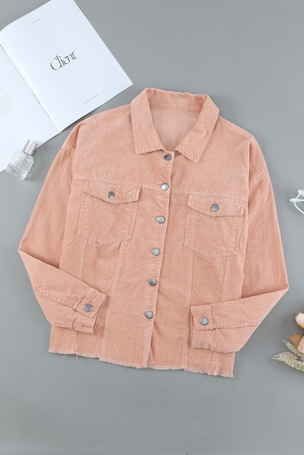 Pink Corduroy Pocket Buttoned Jacket