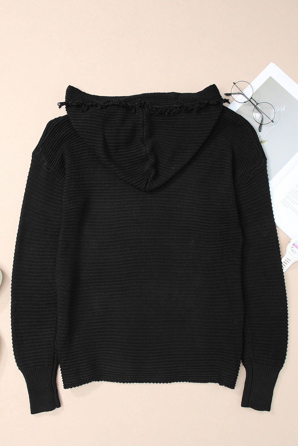 Purple Split V Neck Pullover Hooded Sweater
