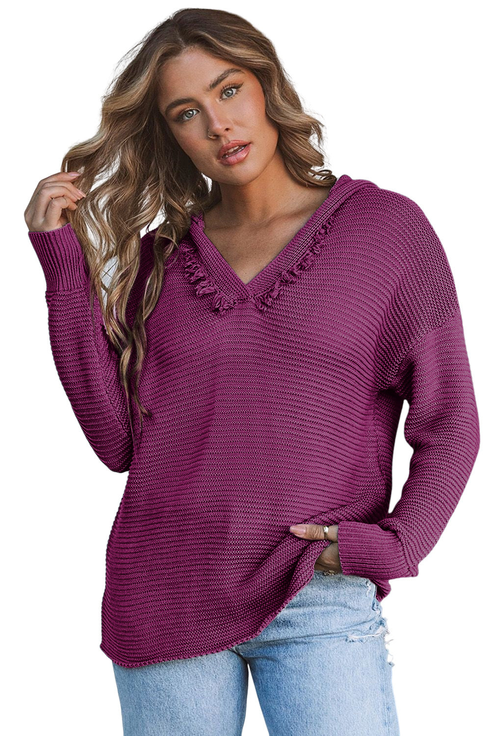 Purple Split V Neck Pullover Hooded Sweater