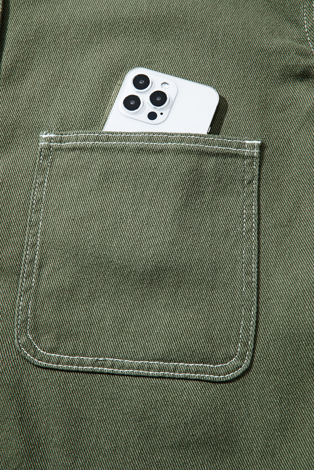 Smoke Green Pocket Collared Button Front Denim Jacket