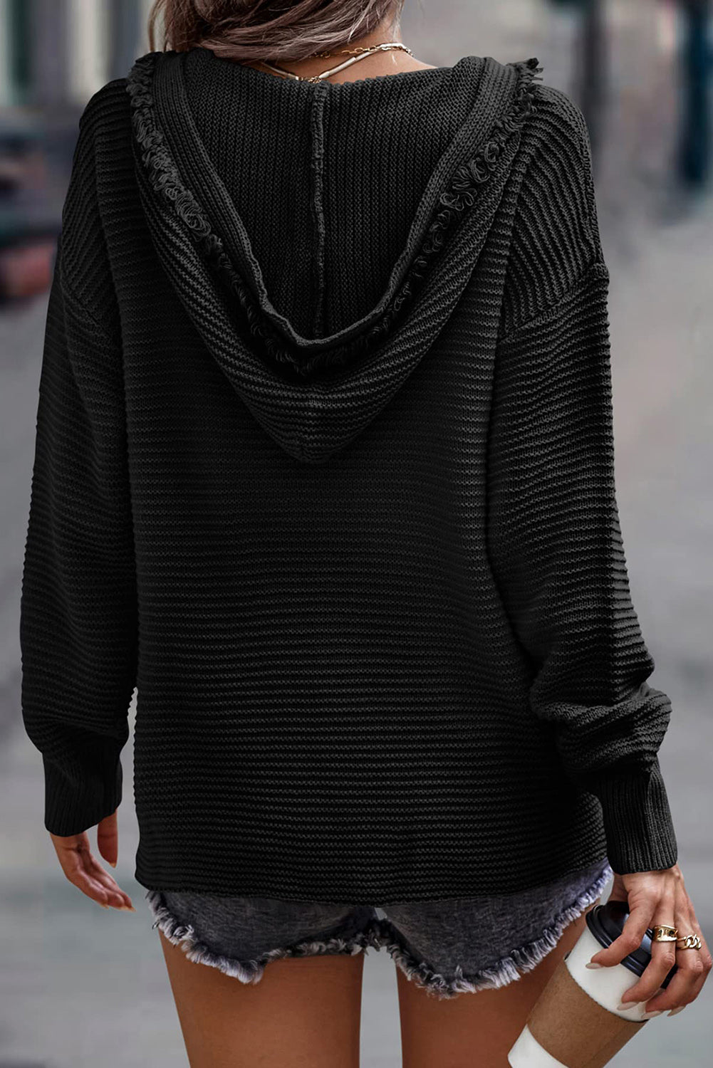 Purple Split V Neck Pullover Hooded Sweater
