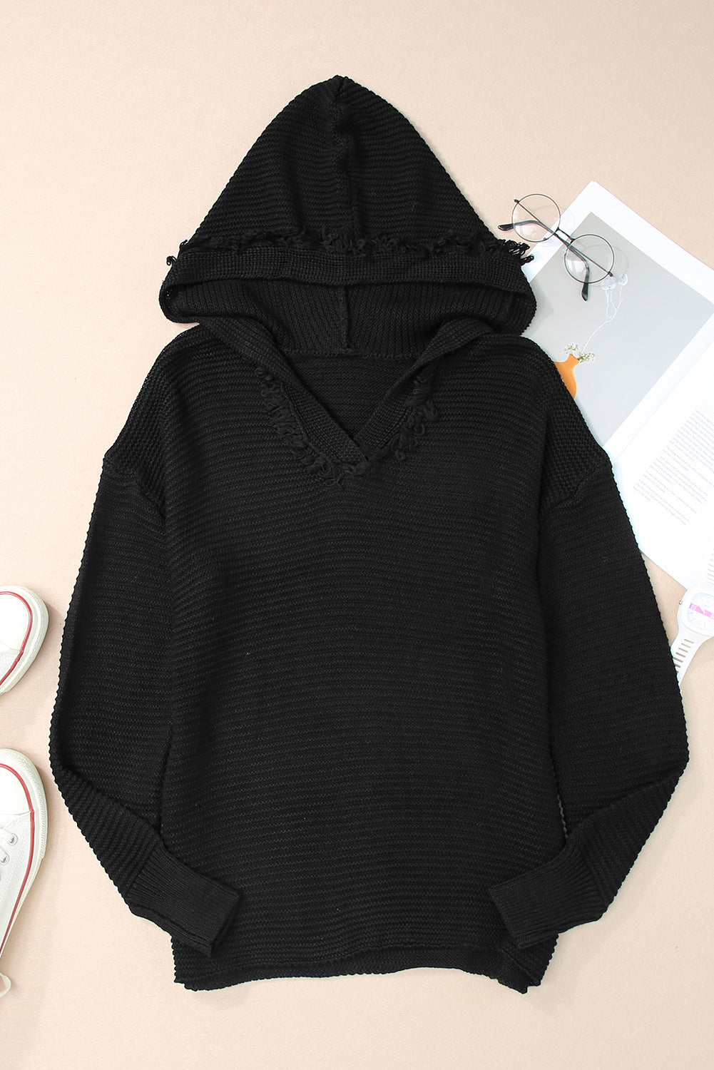Purple Split V Neck Pullover Hooded Sweater
