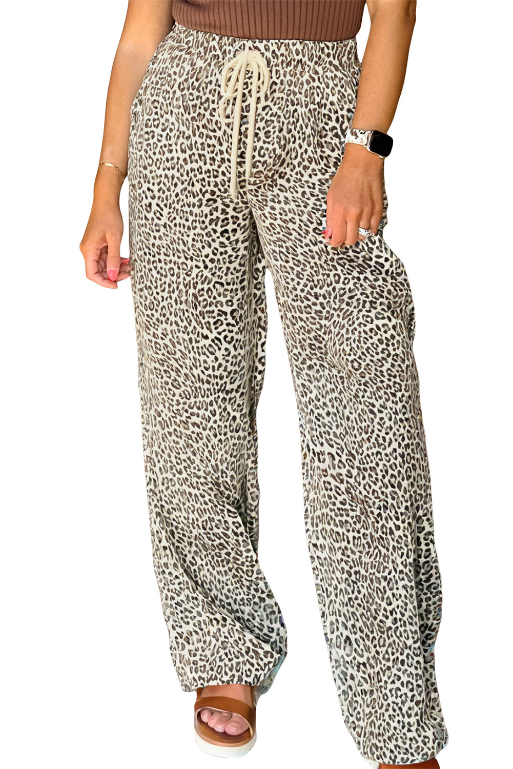 Khaki Leopard Drawstring Loose Pants