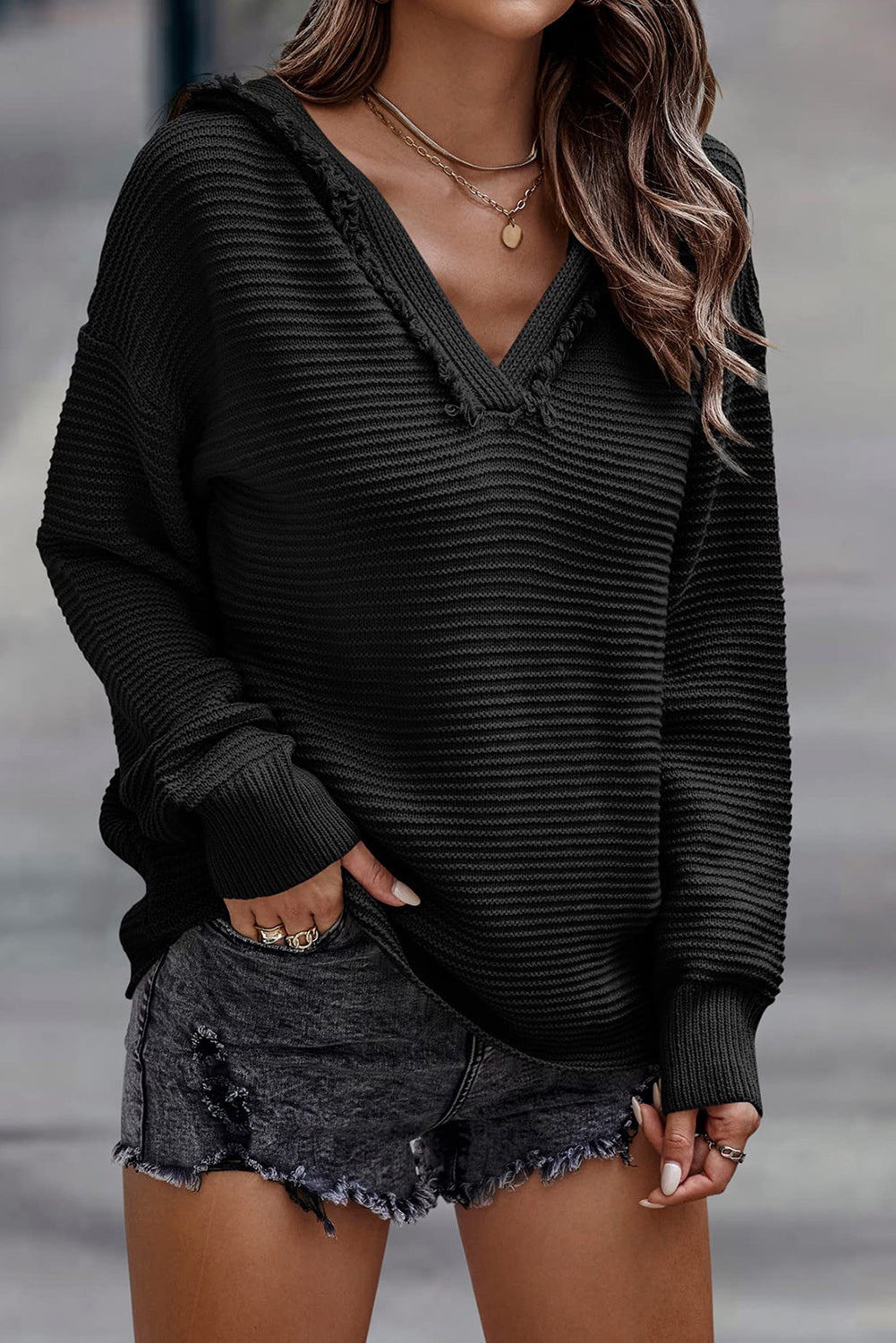 Purple Split V Neck Pullover Hooded Sweater