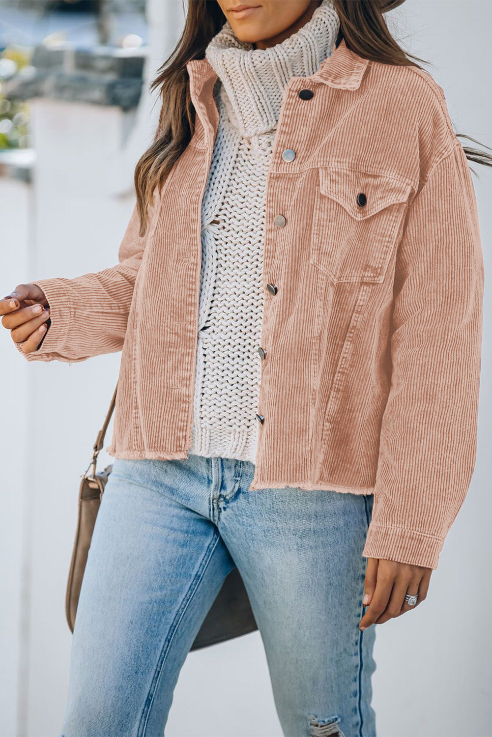 Pink Corduroy Pocket Buttoned Jacket