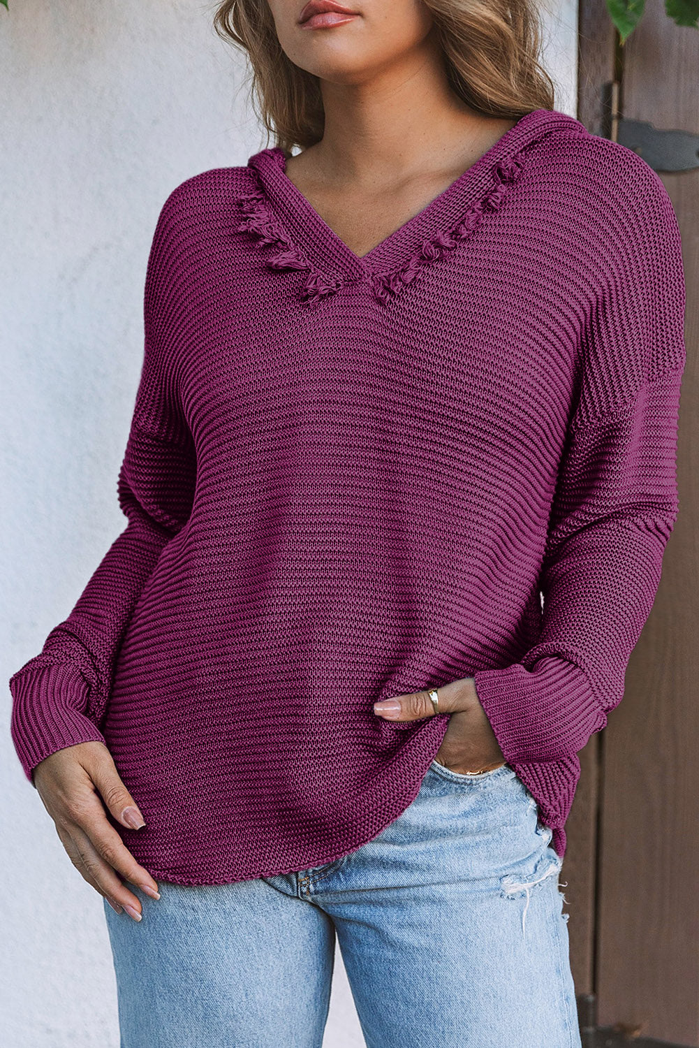 Purple Split V Neck Pullover Hooded Sweater