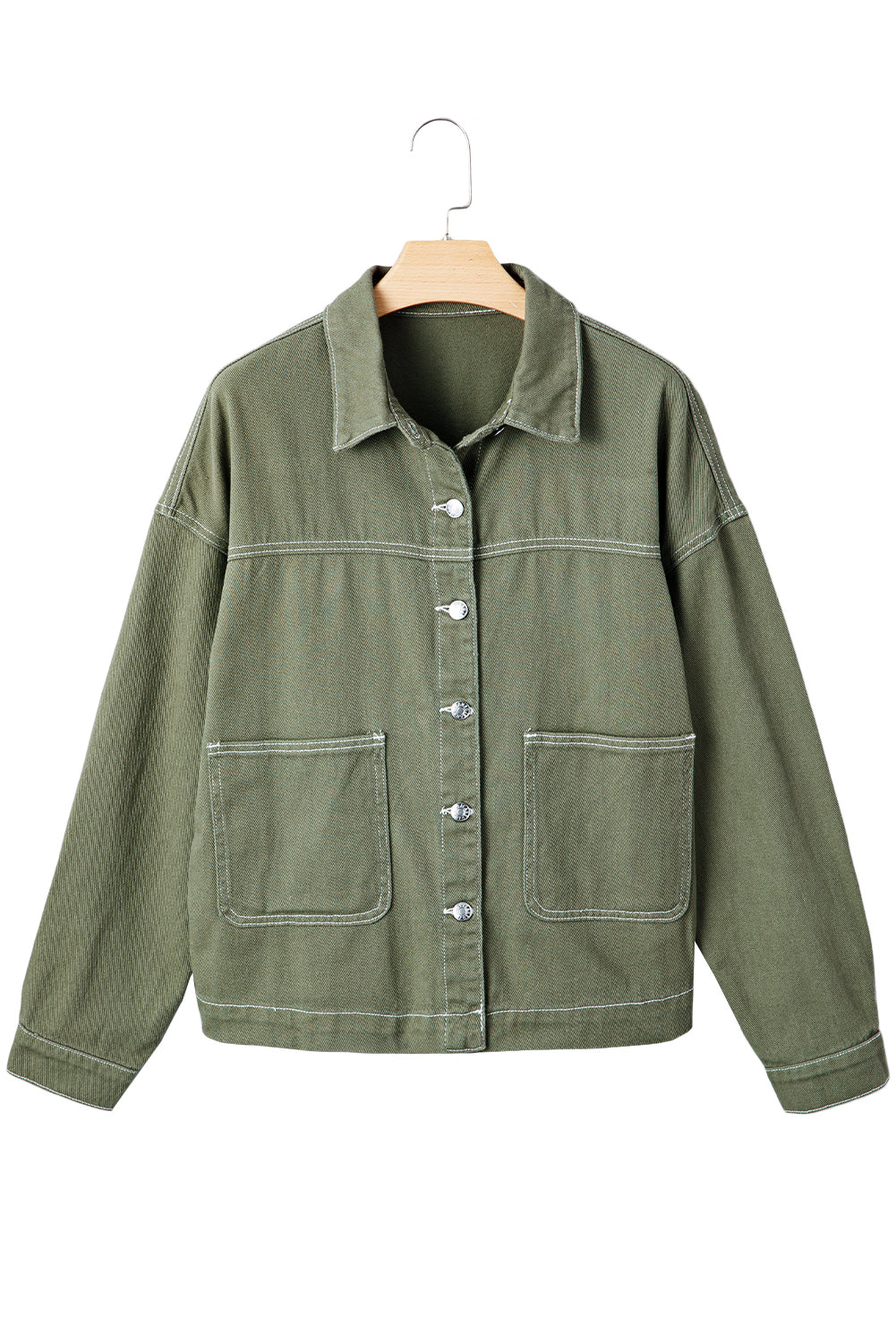 Smoke Green Pocket Collared Button Front Denim Jacket