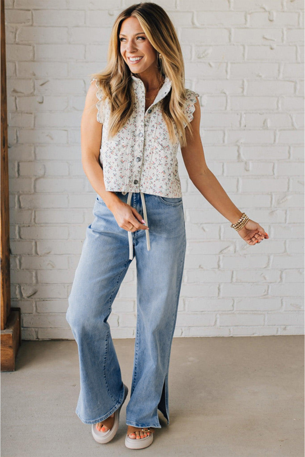 Myosotis Side Slit High Rise Drawstring Casual Jeans