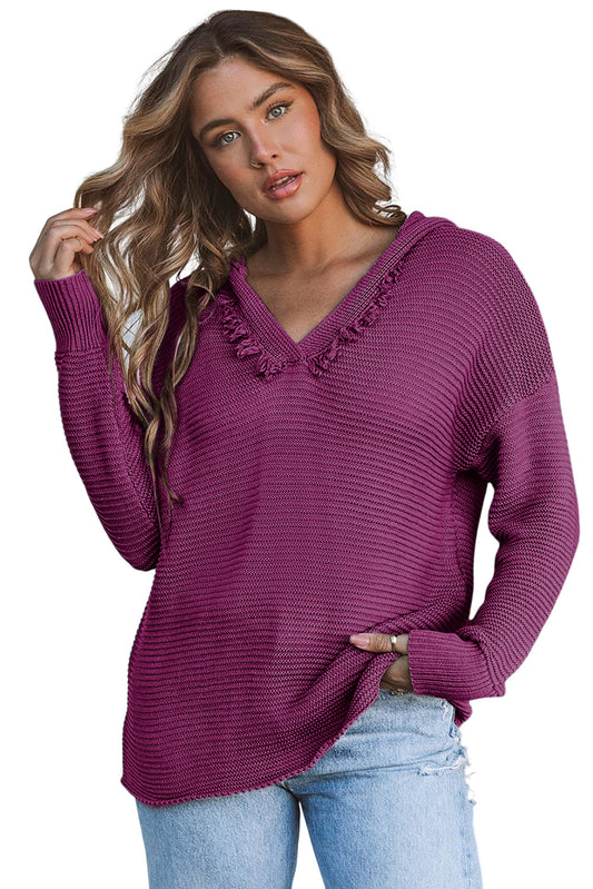 Purple Split V Neck Pullover Hooded Sweater